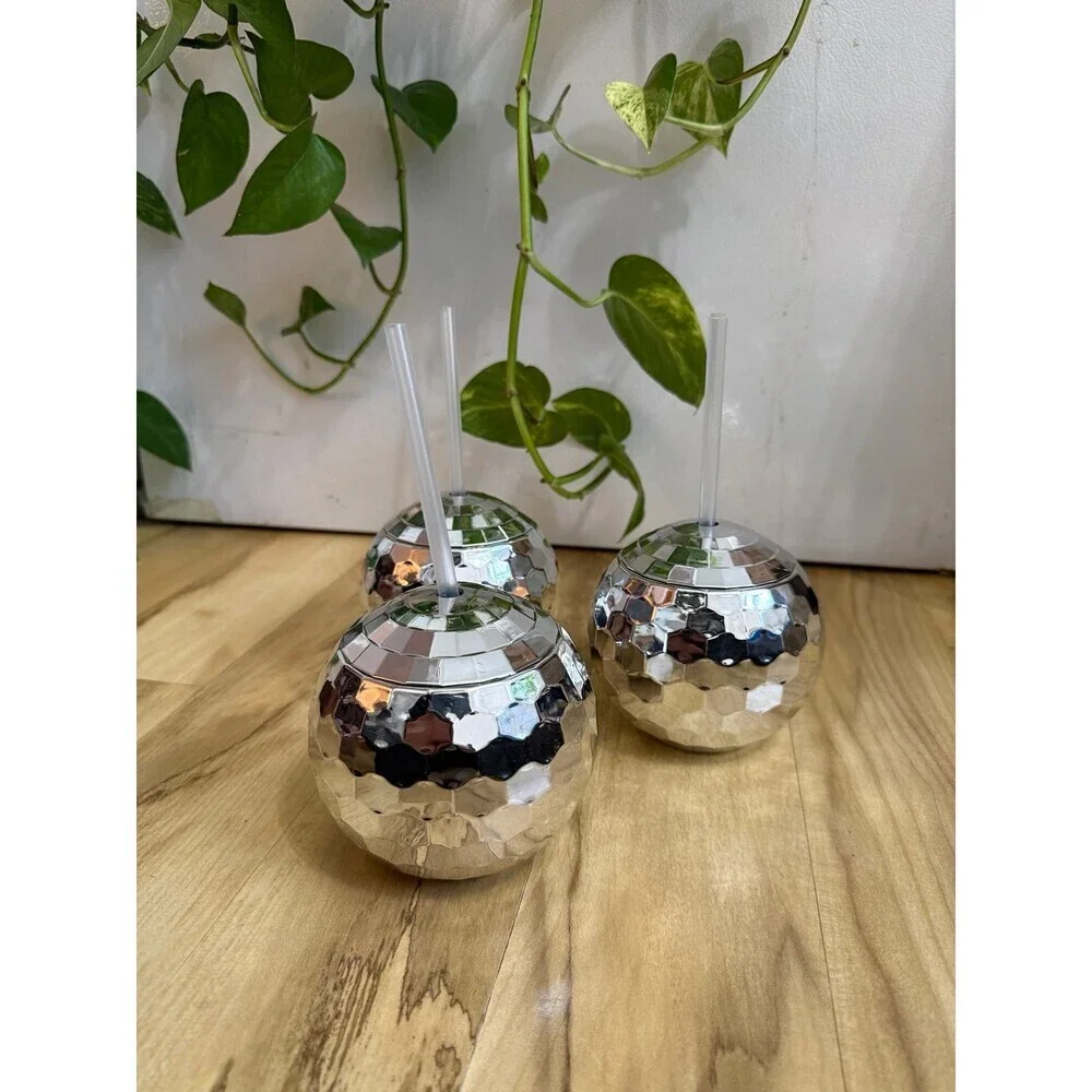 (3) piece, disco ball drinking cups with straws